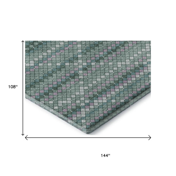 HomeRoots 9' X 12' Teal, Ivory & Lavender Geometric Area Rug - Washable, UV-Protected, Stylish & Durable Design 693701