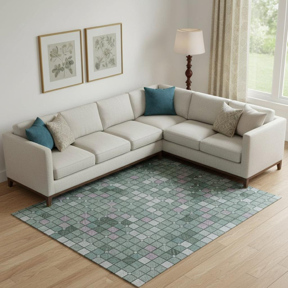 HomeRoots 10' X 14' Teal, Ivory & Lavender Geometric Area Rug - Washable, UV-Protected & Family-Friendly Design 693702