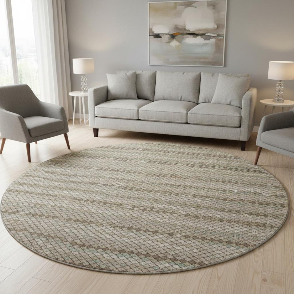 HomeRoots 8' X 8' Stunning Taupe Brown and Ivory Geometric Washable Round Rug with UV Protection & Durability 693705