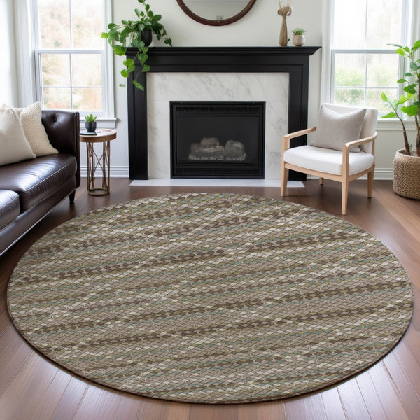 HomeRoots 8' X 8' Stunning Taupe Brown and Ivory Geometric Washable Round Rug with UV Protection & Durability 693705