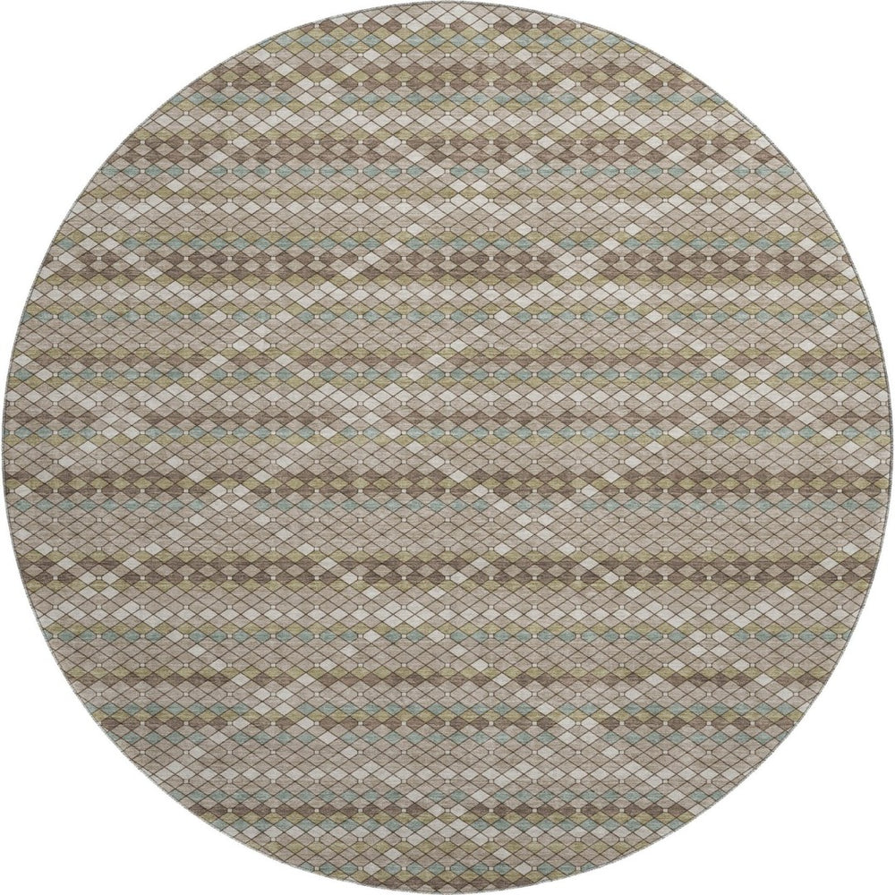 HomeRoots 8' X 8' Stunning Taupe Brown and Ivory Geometric Washable Round Rug with UV Protection & Durability 693705