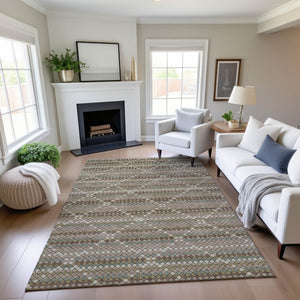 HomeRoots 10' X 14' Taupe Brown & Ivory Geometric Washable Area Rug with UV Protection for Modern Homes 693708