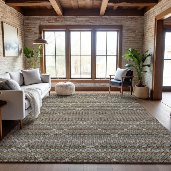 HomeRoots 10' X 14' Taupe Brown & Ivory Geometric Washable Area Rug with UV Protection for Modern Homes 693708