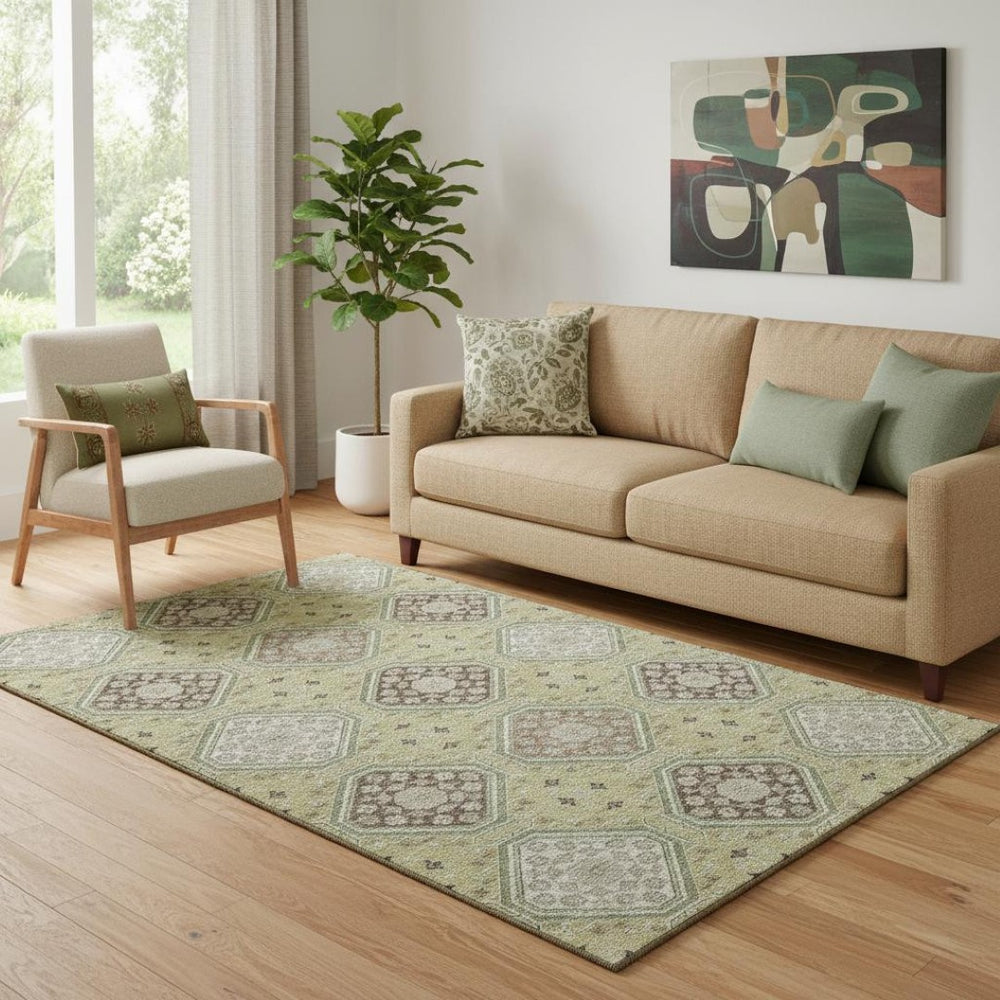 HomeRoots 5' X 8' Artichoke Green Floral Area Rug - Washable, UV-Protected, Stain-Resistant, Non-Slip Backing 693710