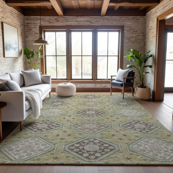 HomeRoots 5' X 8' Artichoke Green Floral Area Rug - Washable, UV-Protected, Stain-Resistant, Non-Slip Backing 693710