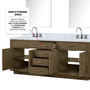 English Elm Grey Oak Double Bath Vanity With Carrara Marble Top, Chrome Faucets & Mirrors - Elegant Storage Solution B2731S01820