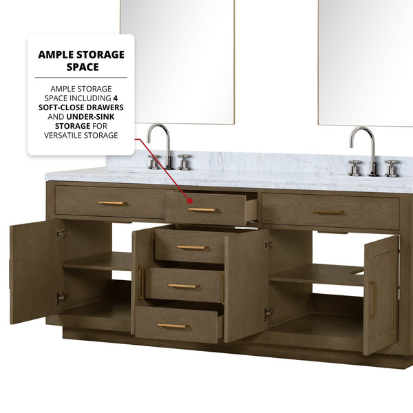 English Elm Grey Oak Double Bath Vanity With Carrara Marble Top, Chrome Faucets & Mirrors - Elegant Storage Solution B2731S01820