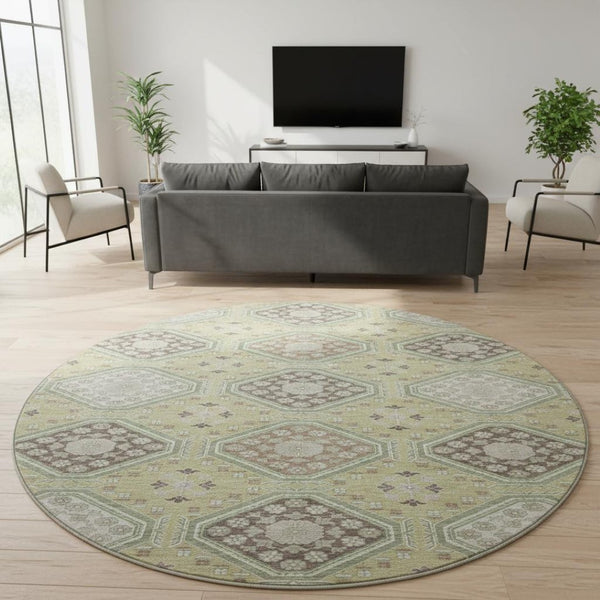 HomeRoots 8' X 8' Floral Artichoke Green and Ivory Washable Round Rug with UV Protection for Busy Homes 693711