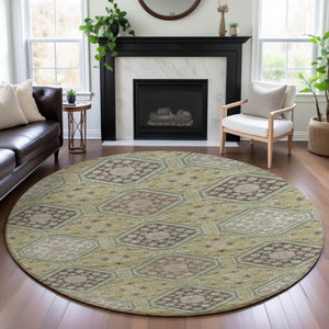 HomeRoots 8' X 8' Floral Artichoke Green and Ivory Washable Round Rug with UV Protection for Busy Homes 693711