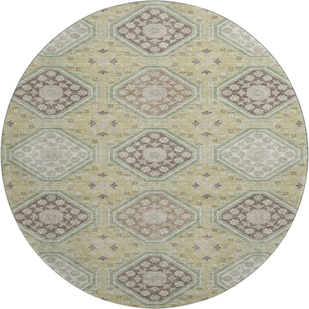 HomeRoots 8' X 8' Floral Artichoke Green and Ivory Washable Round Rug with UV Protection for Busy Homes 693711