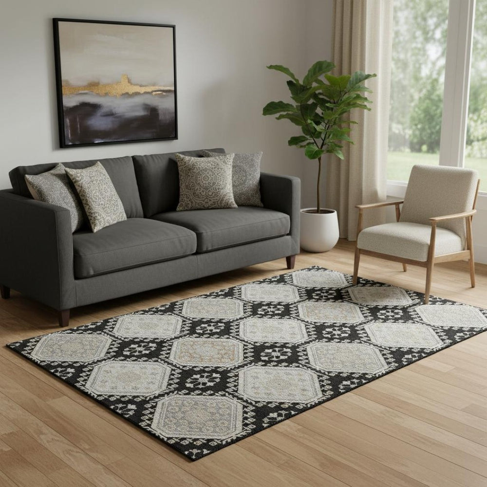 HomeRoots 5' X 8' Elegant Black Silver Gray Floral Washable Area Rug with UV Protection for Busy Homes 693716