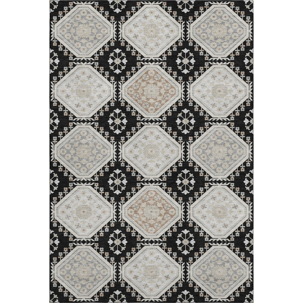 HomeRoots 5' X 8' Elegant Black Silver Gray Floral Washable Area Rug with UV Protection for Busy Homes 693716
