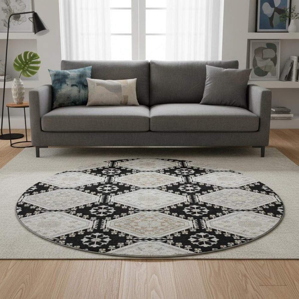 HomeRoots 8' X 8' Floral Washable Round Rug - Black, Silver & Gray with UV Protection for Busy Homes & Pets 693717