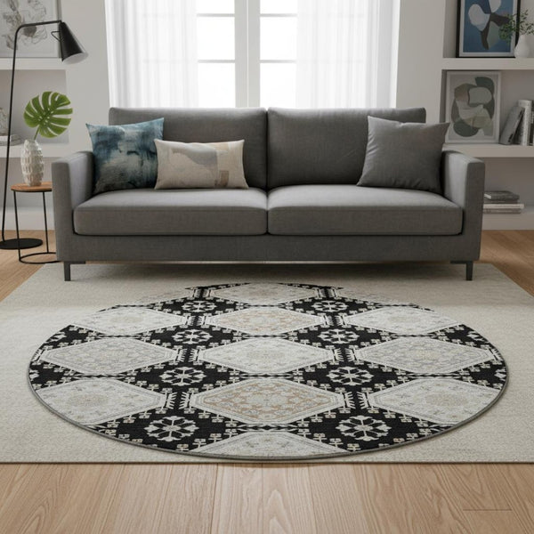 HomeRoots 8' X 8' Floral Washable Round Rug - Black, Silver & Gray with UV Protection for Busy Homes & Pets 693717