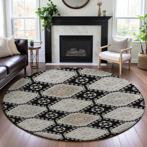 HomeRoots 8' X 8' Floral Washable Round Rug - Black, Silver & Gray with UV Protection for Busy Homes & Pets 693717
