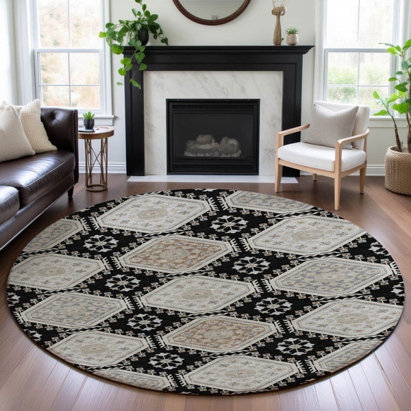 HomeRoots 8' X 8' Floral Washable Round Rug - Black, Silver & Gray with UV Protection for Busy Homes & Pets 693717