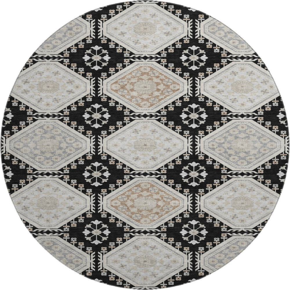 HomeRoots 8' X 8' Floral Washable Round Rug - Black, Silver & Gray with UV Protection for Busy Homes & Pets 693717