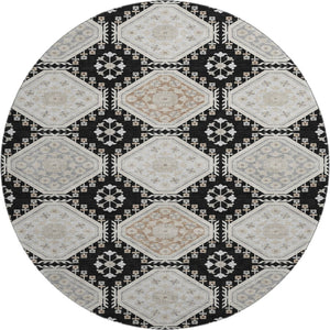 HomeRoots 8' X 8' Floral Washable Round Rug - Black, Silver & Gray with UV Protection for Busy Homes & Pets 693717
