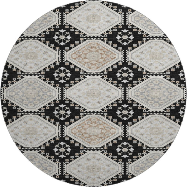 HomeRoots 8' X 8' Floral Washable Round Rug - Black, Silver & Gray with UV Protection for Busy Homes & Pets 693717