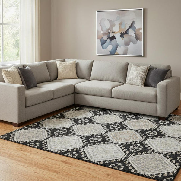 HomeRoots 8' Elegant Black, Silver & Gray Floral Washable Area Rug with UV Protection for Busy Homes 693718