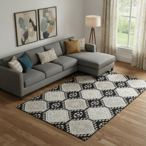 HomeRoots 9' X 12' Elegant Floral Area Rug in Black, Silver & Gray - Washable, UV Protected & Stain Resistant 693719