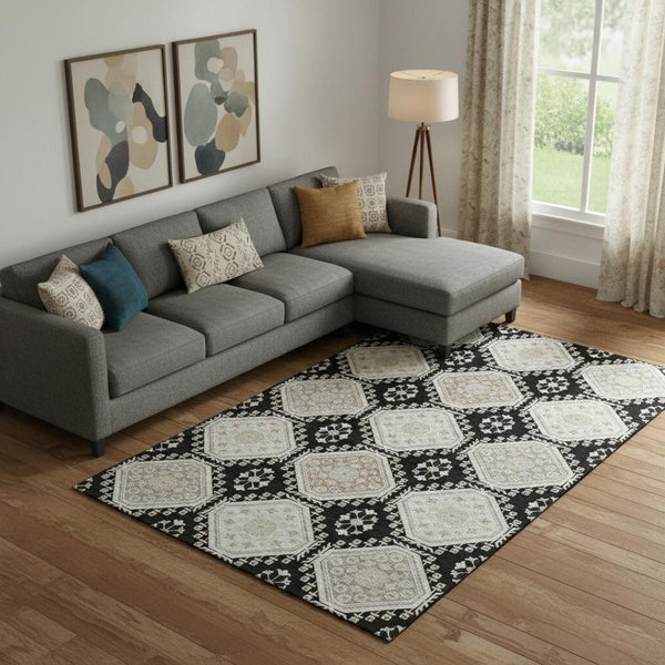 HomeRoots 9' X 12' Elegant Floral Area Rug in Black, Silver & Gray - Washable, UV Protected & Stain Resistant 693719