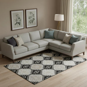 HomeRoots 10' X 14' Stylish Black Silver Gray Floral Area Rug – Durable, Washable, UV Protected & Stain Resistant 693720