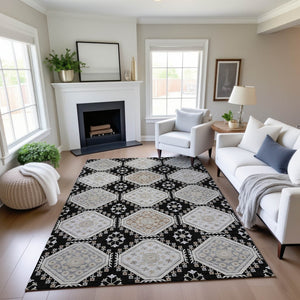 HomeRoots 10' X 14' Stylish Black Silver Gray Floral Area Rug – Durable, Washable, UV Protected & Stain Resistant 693720