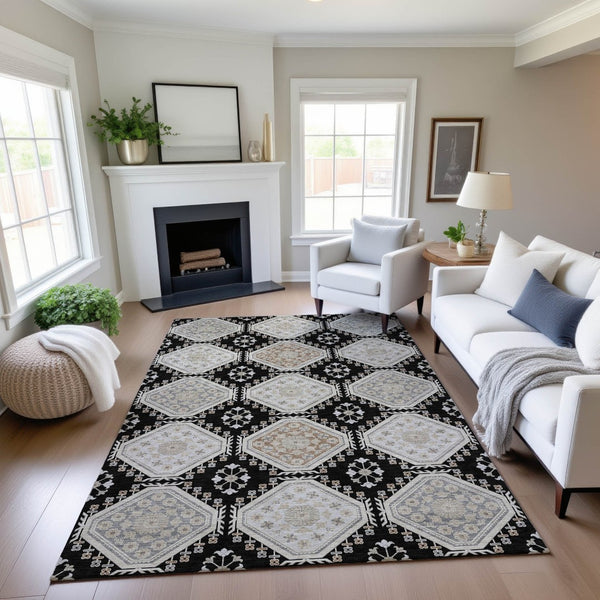 HomeRoots 10' X 14' Stylish Black Silver Gray Floral Area Rug – Durable, Washable, UV Protected & Stain Resistant 693720
