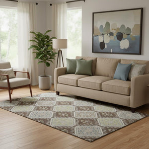 HomeRoots 5' X 8' Chocolate Beige & Blue Floral Area Rug - Durable, Washable, UV Protection & Non-Slip Backing 693722