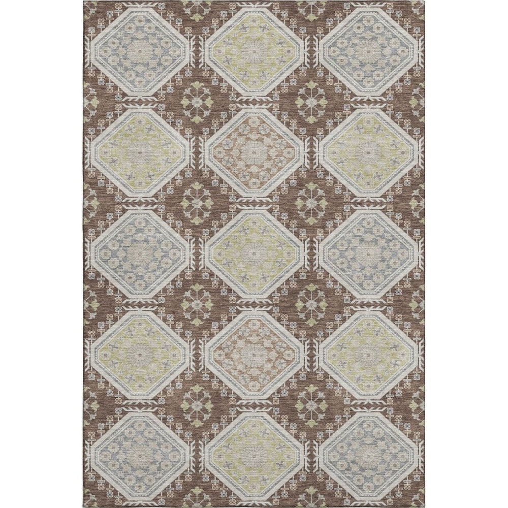 HomeRoots 5' X 8' Chocolate Beige & Blue Floral Area Rug - Durable, Washable, UV Protection & Non-Slip Backing 693722