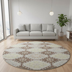 HomeRoots 8' X 8' Stylish Chocolate Beige and Blue Floral Round Rug - Washable, UV Protected & Durable Design 693723