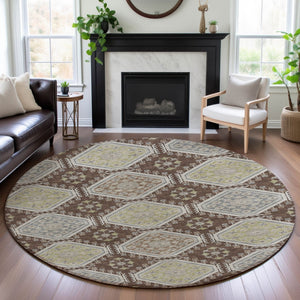 HomeRoots 8' X 8' Stylish Chocolate Beige and Blue Floral Round Rug - Washable, UV Protected & Durable Design 693723