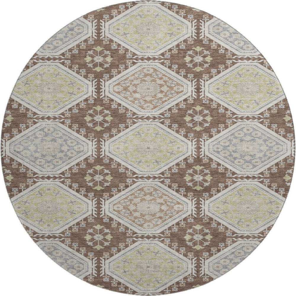 HomeRoots 8' X 8' Stylish Chocolate Beige and Blue Floral Round Rug - Washable, UV Protected & Durable Design 693723