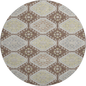 HomeRoots 8' X 8' Stylish Chocolate Beige and Blue Floral Round Rug - Washable, UV Protected & Durable Design 693723