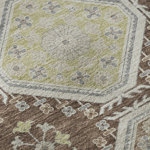 HomeRoots 8' X 8' Stylish Chocolate Beige and Blue Floral Round Rug - Washable, UV Protected & Durable Design 693723