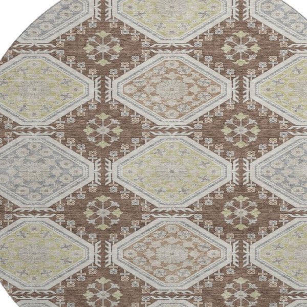 HomeRoots 8' X 8' Stylish Chocolate Beige and Blue Floral Round Rug - Washable, UV Protected & Durable Design 693723