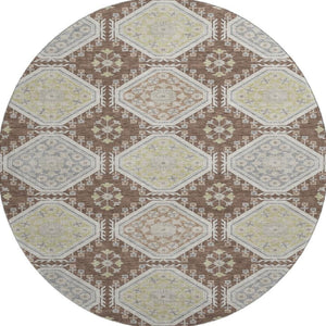 HomeRoots 8' X 8' Stylish Chocolate Beige and Blue Floral Round Rug - Washable, UV Protected & Durable Design 693723