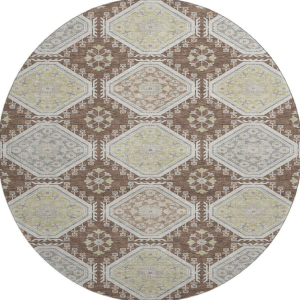 HomeRoots 8' X 8' Stylish Chocolate Beige and Blue Floral Round Rug - Washable, UV Protected & Durable Design 693723