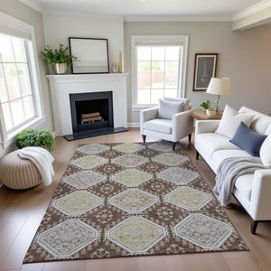 HomeRoots 8' Chocolate Beige and Blue Floral Area Rug - Washable, UV Protected, Durable for High-Traffic Spaces 693724