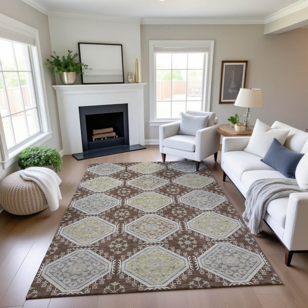 HomeRoots 8' Chocolate Beige and Blue Floral Area Rug - Washable, UV Protected, Durable for High-Traffic Spaces 693724