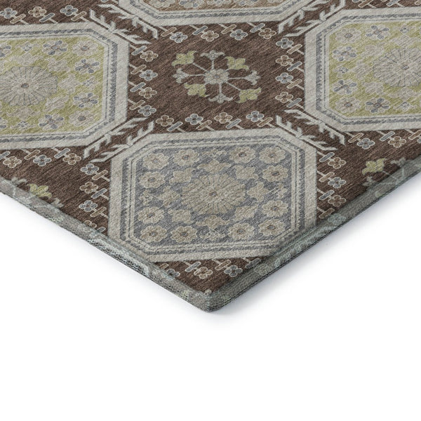 HomeRoots 8' Chocolate Beige and Blue Floral Area Rug - Washable, UV Protected, Durable for High-Traffic Spaces 693724