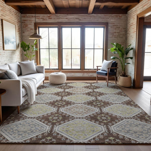 HomeRoots 8' Chocolate Beige and Blue Floral Area Rug - Washable, UV Protected, Durable for High-Traffic Spaces 693724
