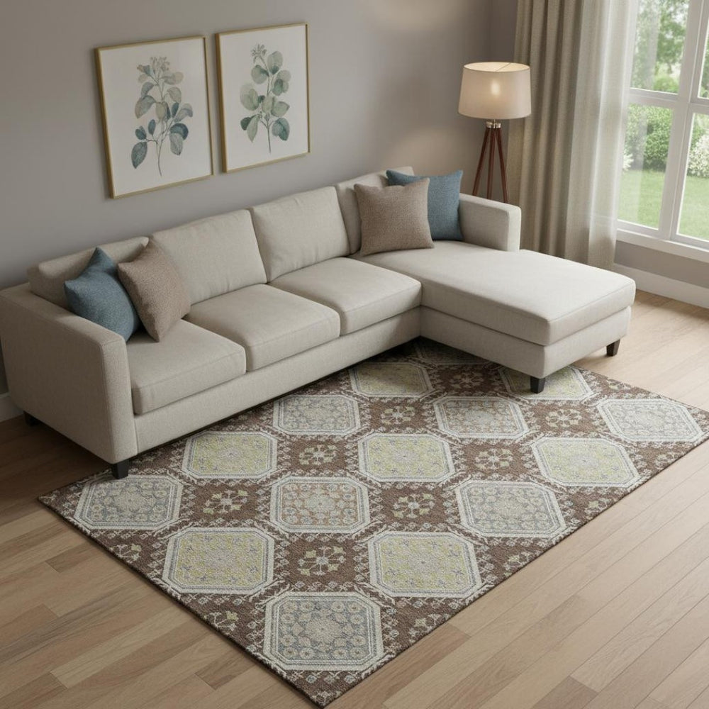 HomeRoots 9' X 12' Washable Floral Area Rug in Chocolate Beige & Blue – Durable, Stain Resistant, UV Protected! 693725