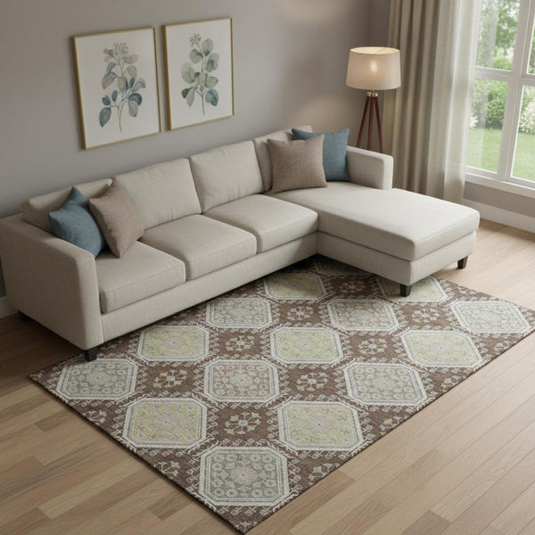 HomeRoots 9' X 12' Washable Floral Area Rug in Chocolate Beige & Blue – Durable, Stain Resistant, UV Protected! 693725
