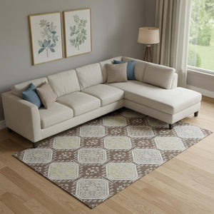 HomeRoots 10' X 14' Floral Area Rug in Chocolate Beige & Blue – Washable, UV-Protected, Perfect for Families! 693726