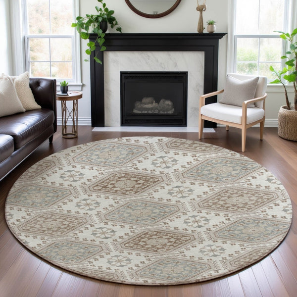 HomeRoots 8' X 8' Washable Round Rug with Floral Design in Ivory, Brown & Gray - UV Protected & Durable! 693729