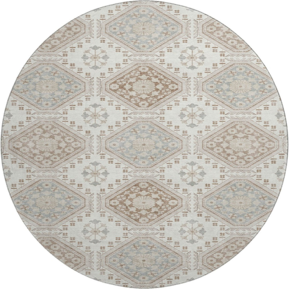 HomeRoots 8' X 8' Washable Round Rug with Floral Design in Ivory, Brown & Gray - UV Protected & Durable! 693729