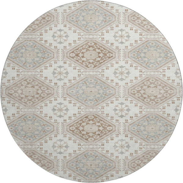 HomeRoots 8' X 8' Washable Round Rug with Floral Design in Ivory, Brown & Gray - UV Protected & Durable! 693729