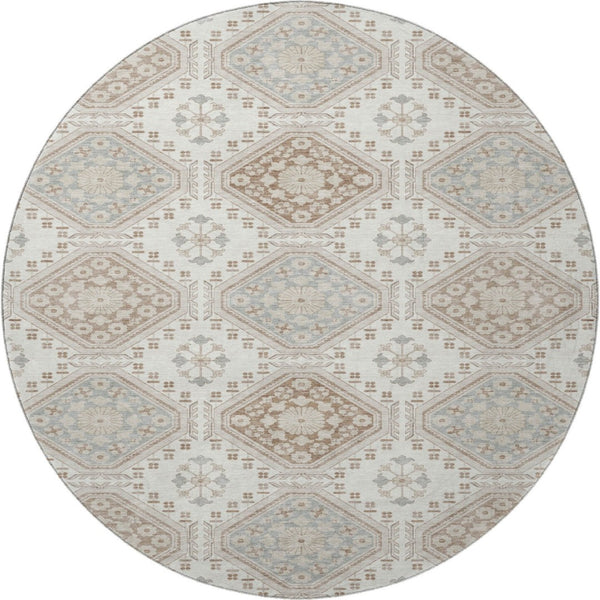 HomeRoots 8' X 8' Washable Round Rug with Floral Design in Ivory, Brown & Gray - UV Protected & Durable! 693729